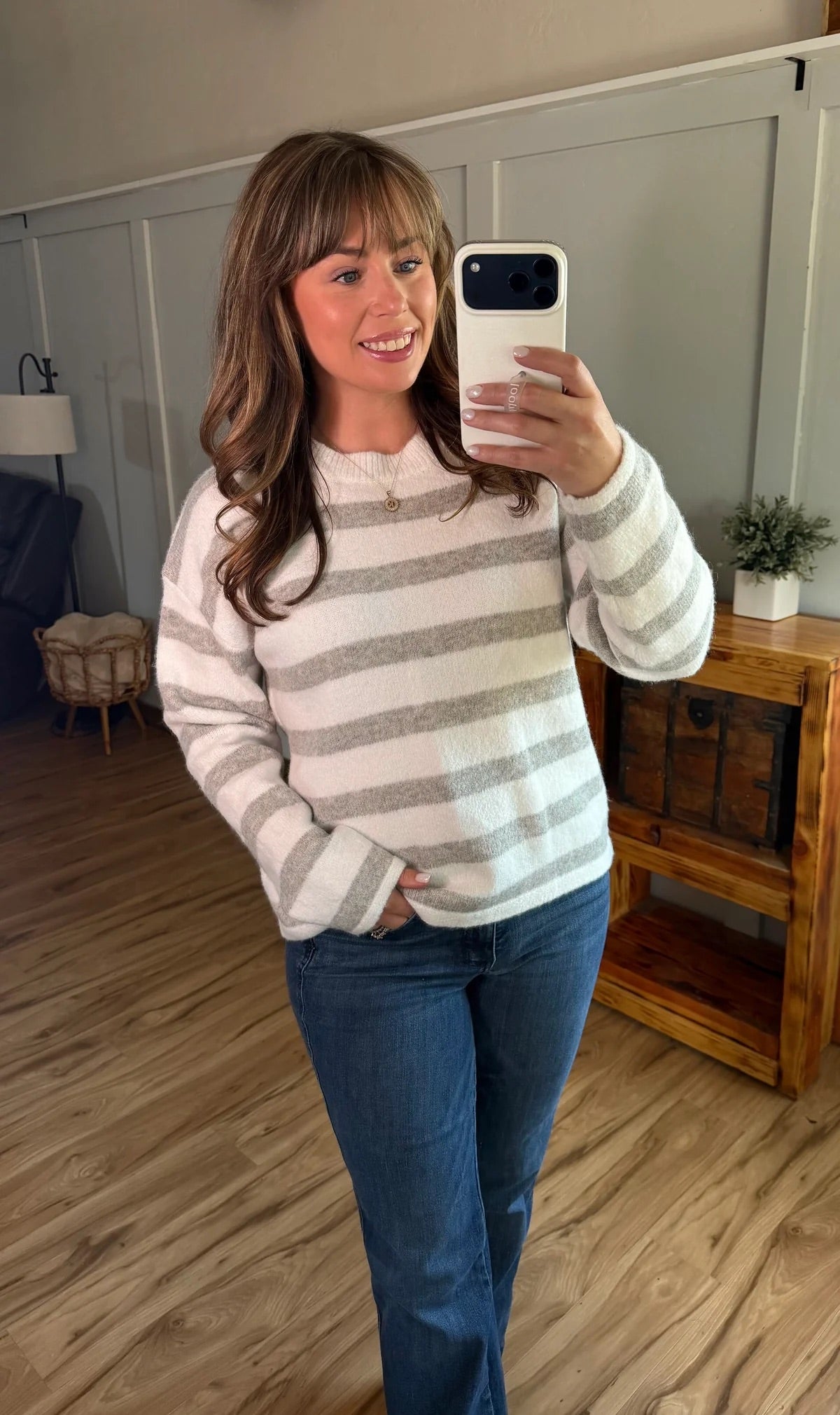Cozy Stripe Sweater Grey and White by Michelle Mae