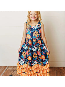Kids Tangerine Floral 3 Ruffle Spring Summer Easter Dress