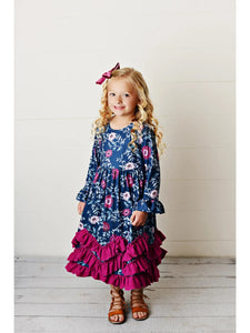 Kids 3 Ruffle Dark Teal & Plum Floral Long Sleeve Fall Dress