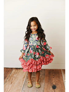 Kids 3 Ruffle Sage & Floral Long Sleeve Fall Winter Dress