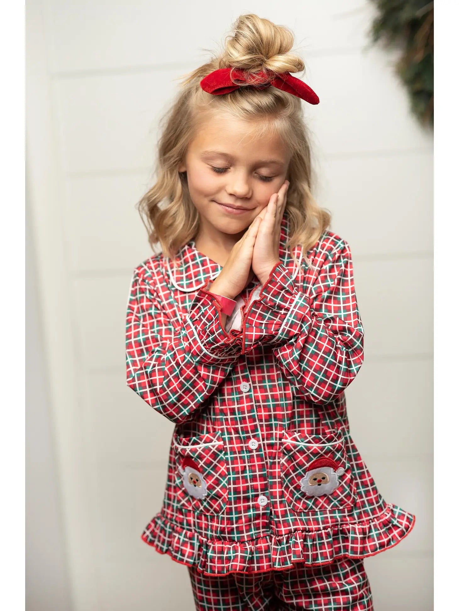 Kids Santa Plaid Pocket Button Lounge Christmas Winter Set