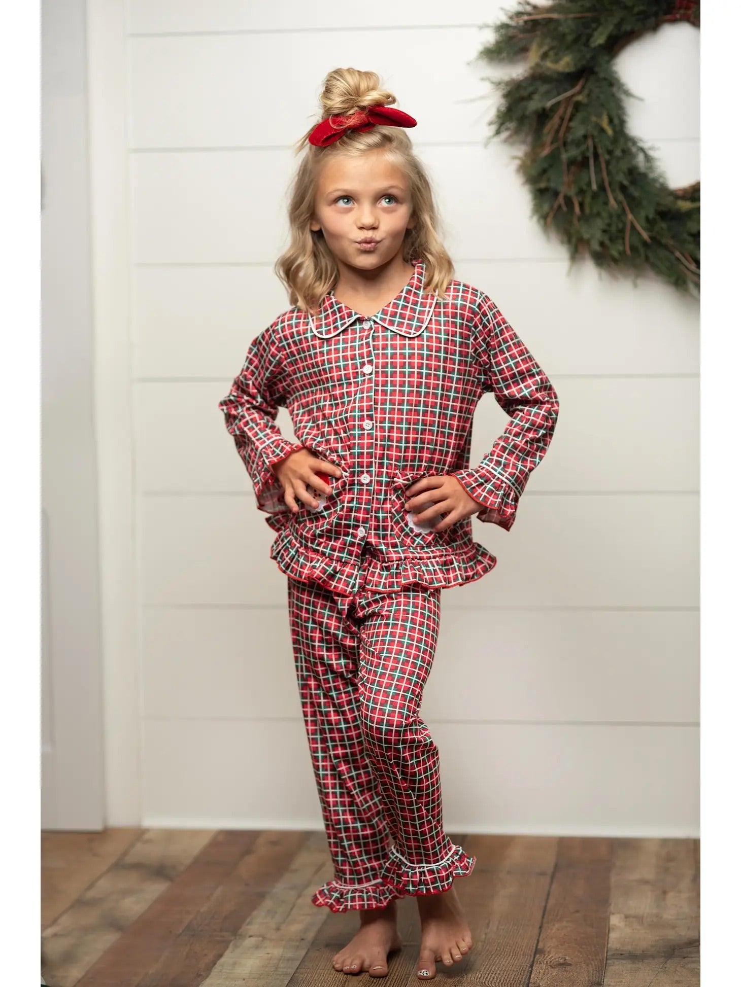 Kids Santa Plaid Pocket Button Lounge Christmas Winter Set