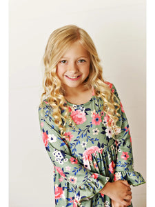 Kids 3 Ruffle Sage & Floral Long Sleeve Fall Winter Dress