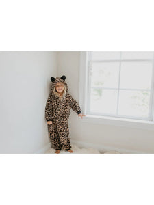 Fall Winter Kids Fuzzy Fur Leopard Onesie with Critter Ears
