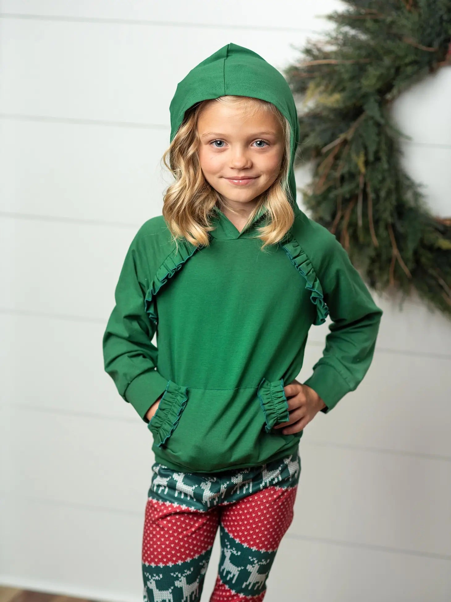 Kids Reindeer Pocket Ruffle Hoodie Shirt and Leggings Set