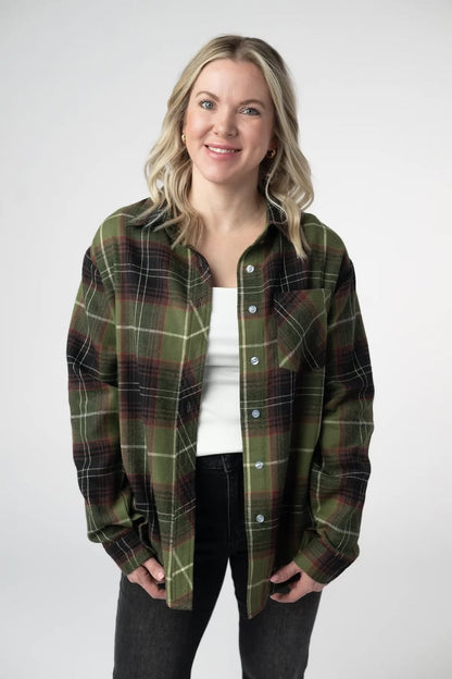 Finley Plaid Top - Olive and Brown