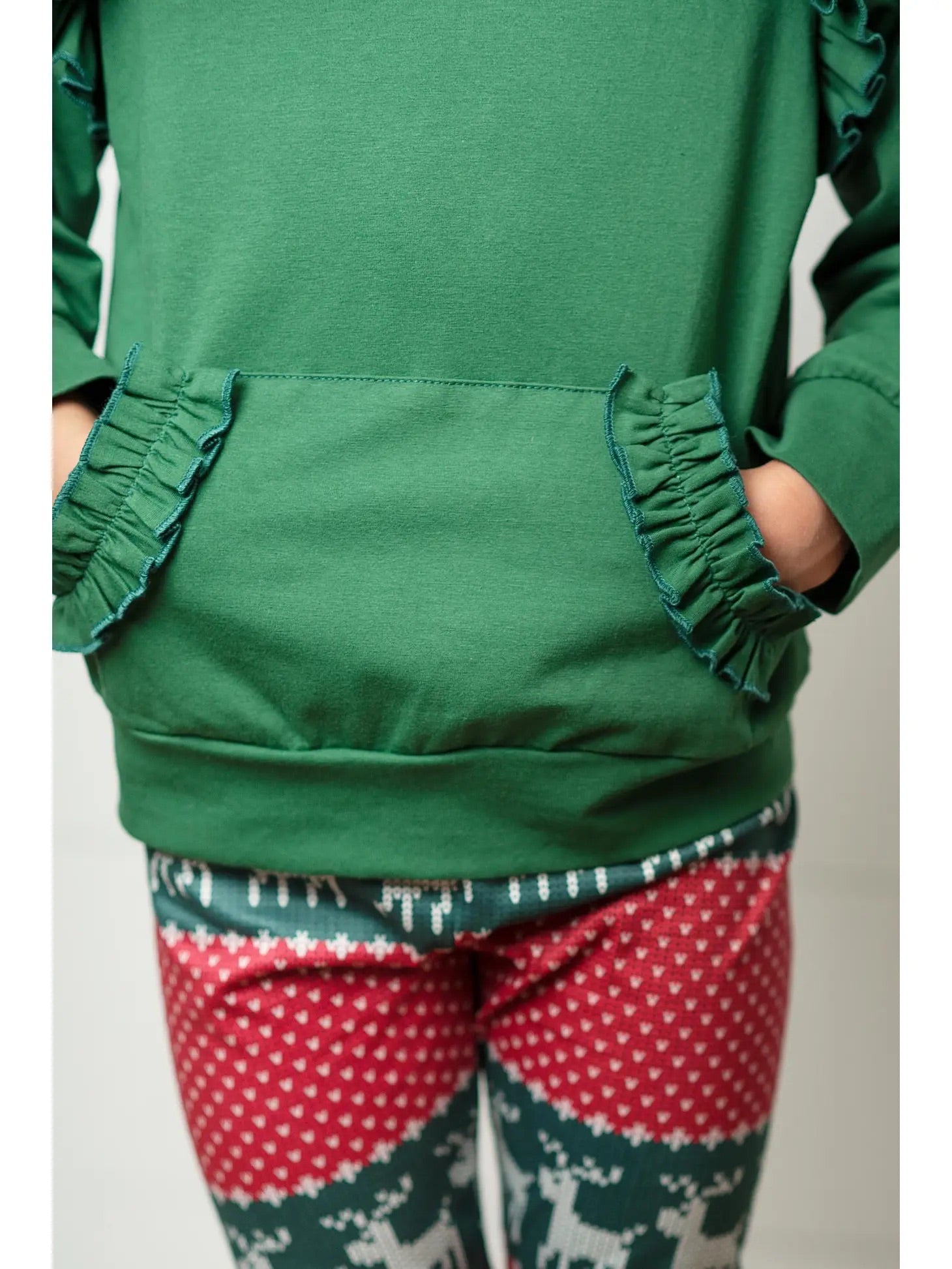 Kids Reindeer Pocket Ruffle Hoodie Shirt and Leggings Set