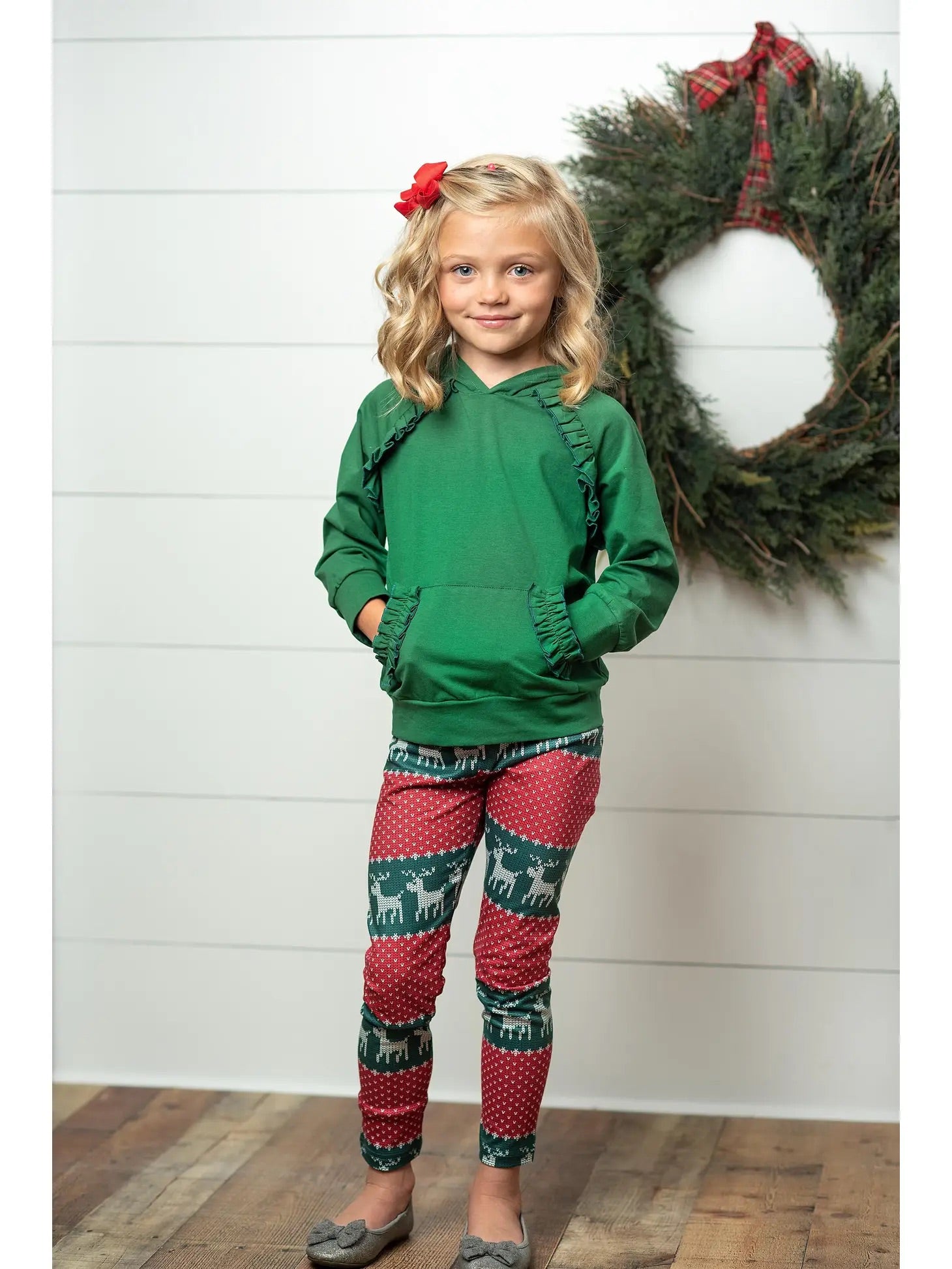 Kids Reindeer Pocket Ruffle Hoodie Shirt and Leggings Set