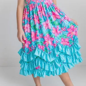 Kids Pink Blue Tropical 3 Ruffle Spring Summer Dress