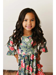 Kids 3 Ruffle Sage & Floral Long Sleeve Fall Winter Dress