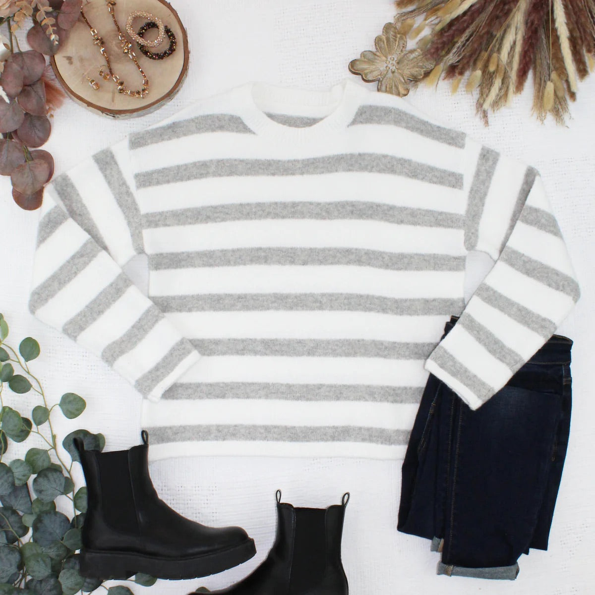 Cozy Stripe Sweater Grey and White by Michelle Mae
