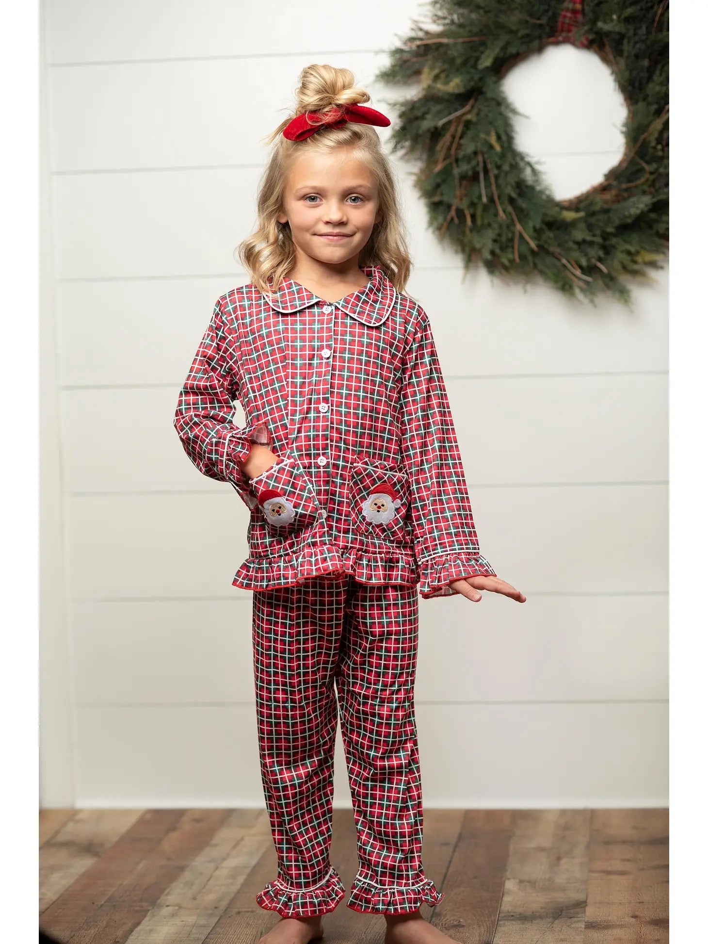 Kids Santa Plaid Pocket Button Lounge Christmas Winter Set