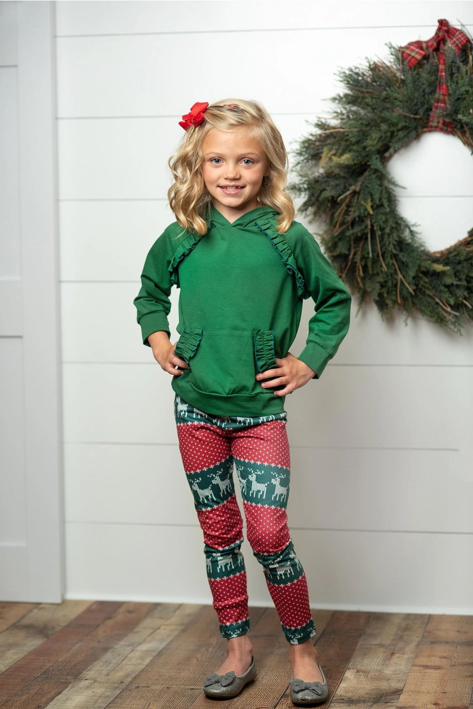 Kids Reindeer Pocket Ruffle Hoodie Shirt and Leggings Set