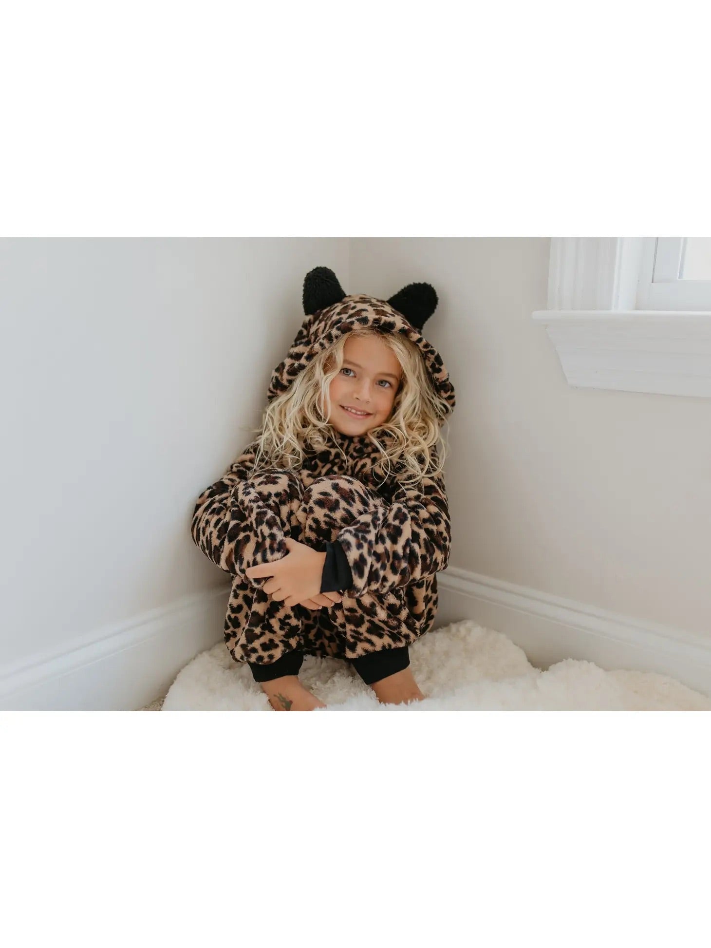 Fall Winter Kids Fuzzy Fur Leopard Onesie with Critter Ears
