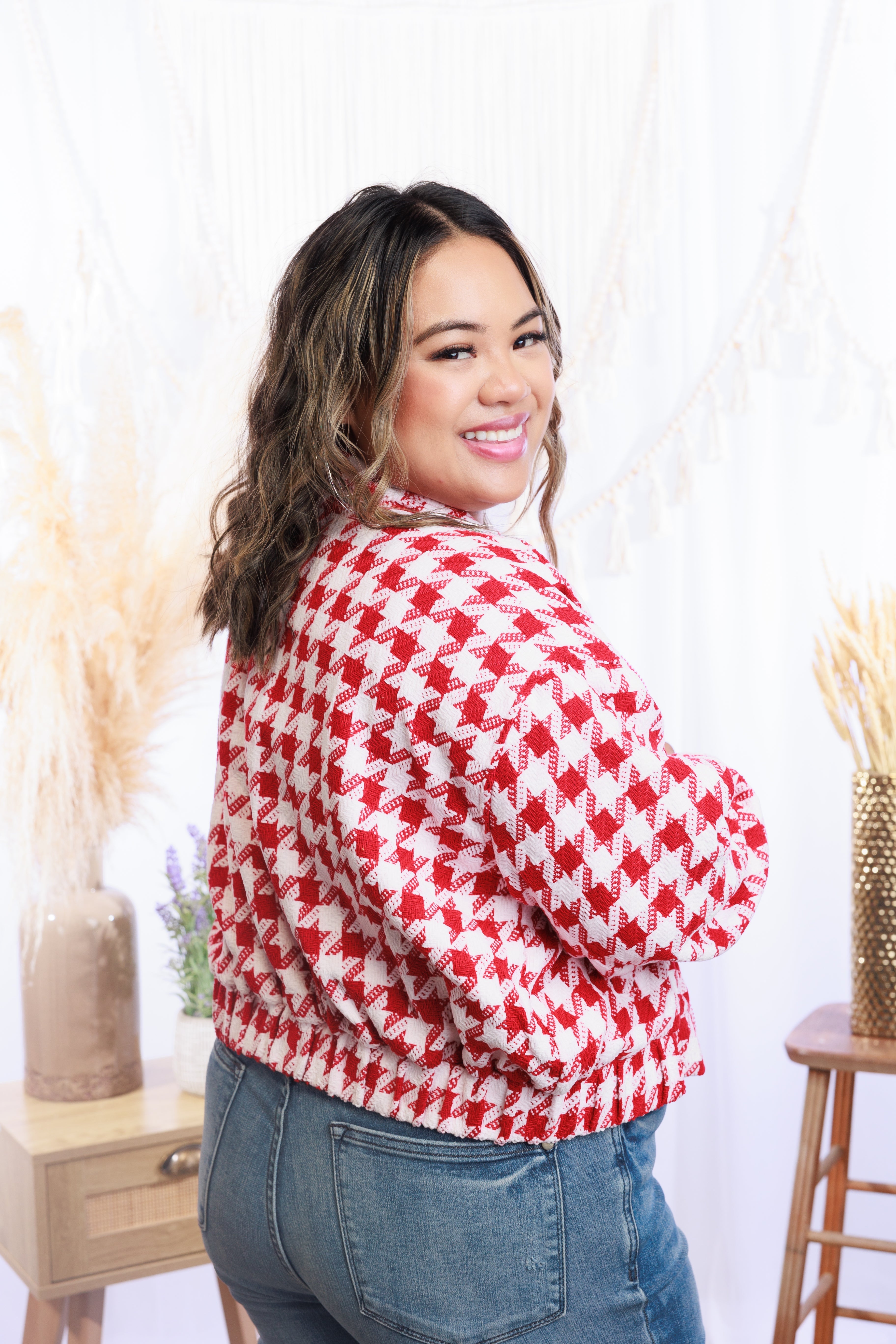 Houndstooth Cropped Jacket - Red