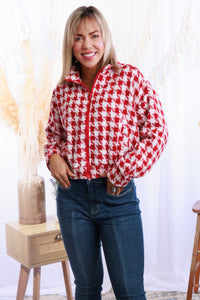 Houndstooth Cropped Jacket - Red