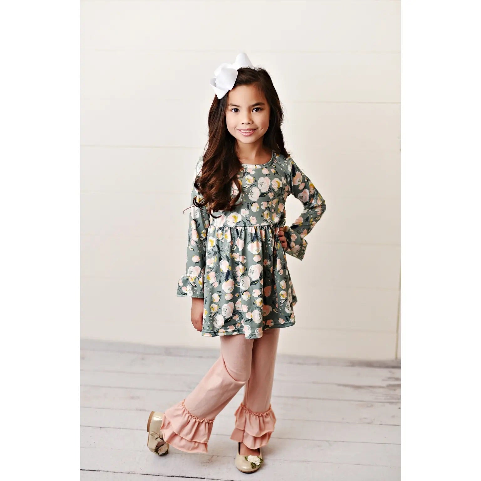 Kids Sage Green & Pink Floral Long Sleeve Ruffle Pant Set