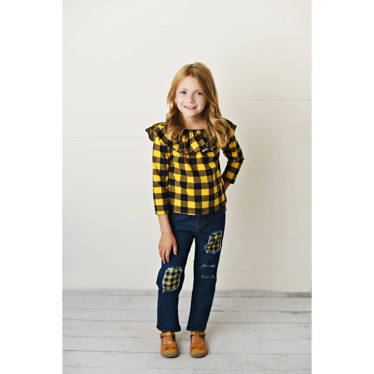 Girls Mustard Check Denim Set