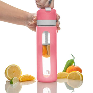 Pink Glass Water Bottle - With Fruit Press