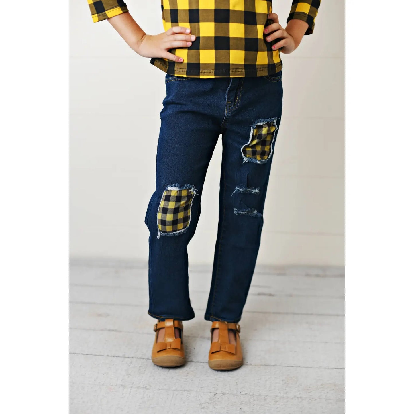 Girls Mustard Check Denim Set