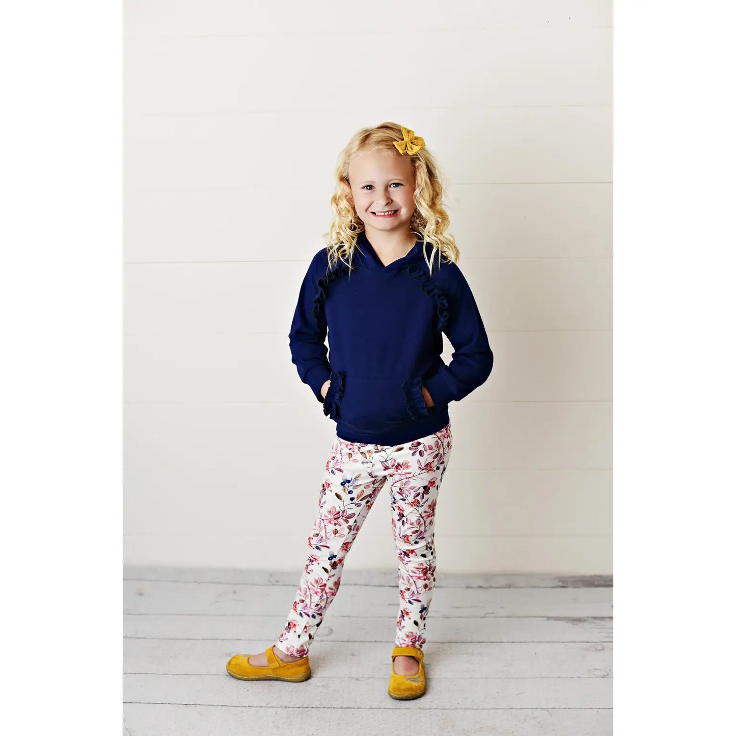 Girls Navy Ruffle Hooded Sweatshirt Floral Set for Winter