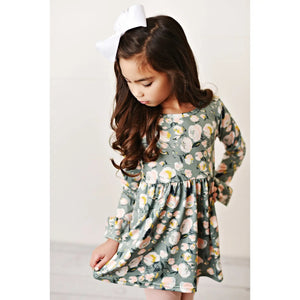 Kids Sage Green & Pink Floral Long Sleeve Ruffle Pant Set