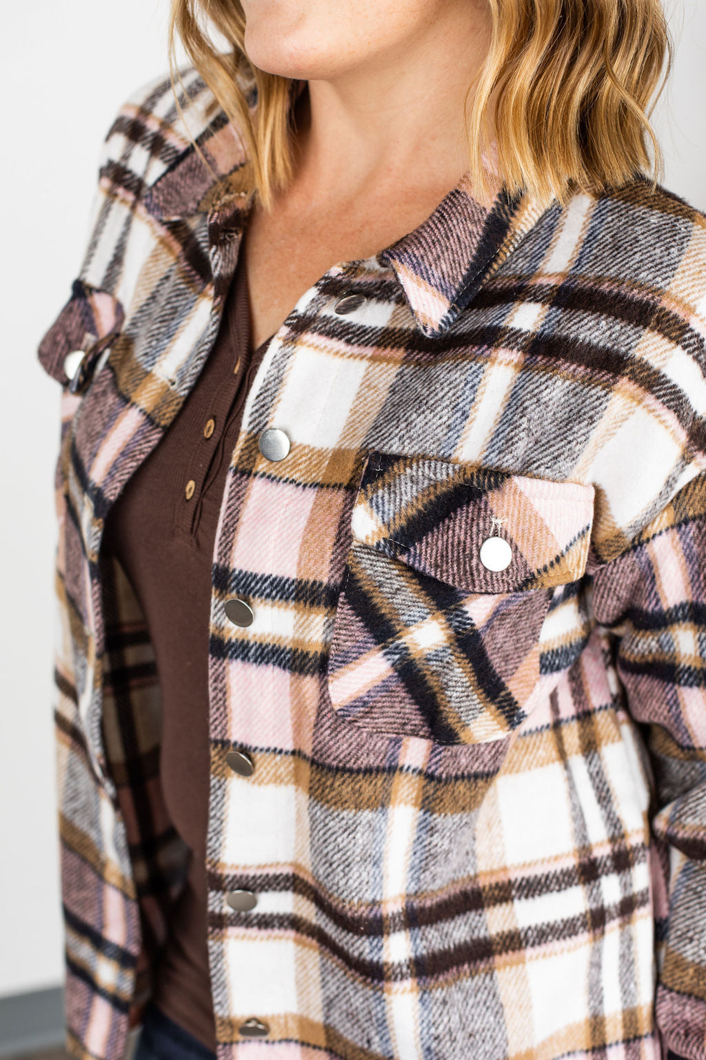MOLLY Plaid Shacket- PINK and BROWN