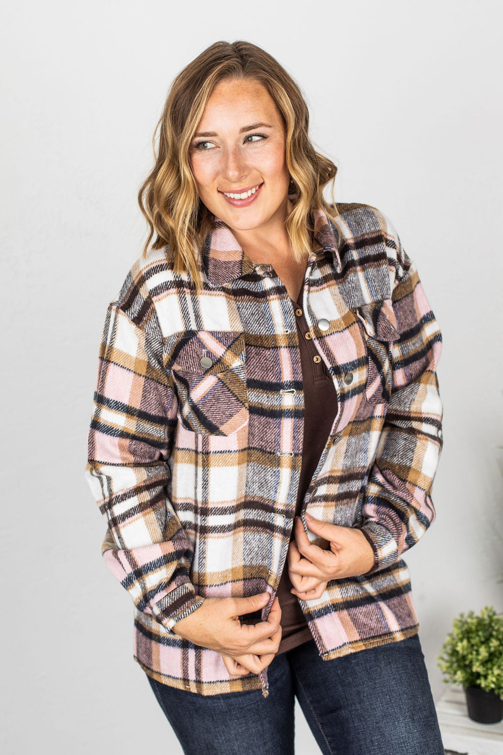 MOLLY Plaid Shacket- PINK and BROWN