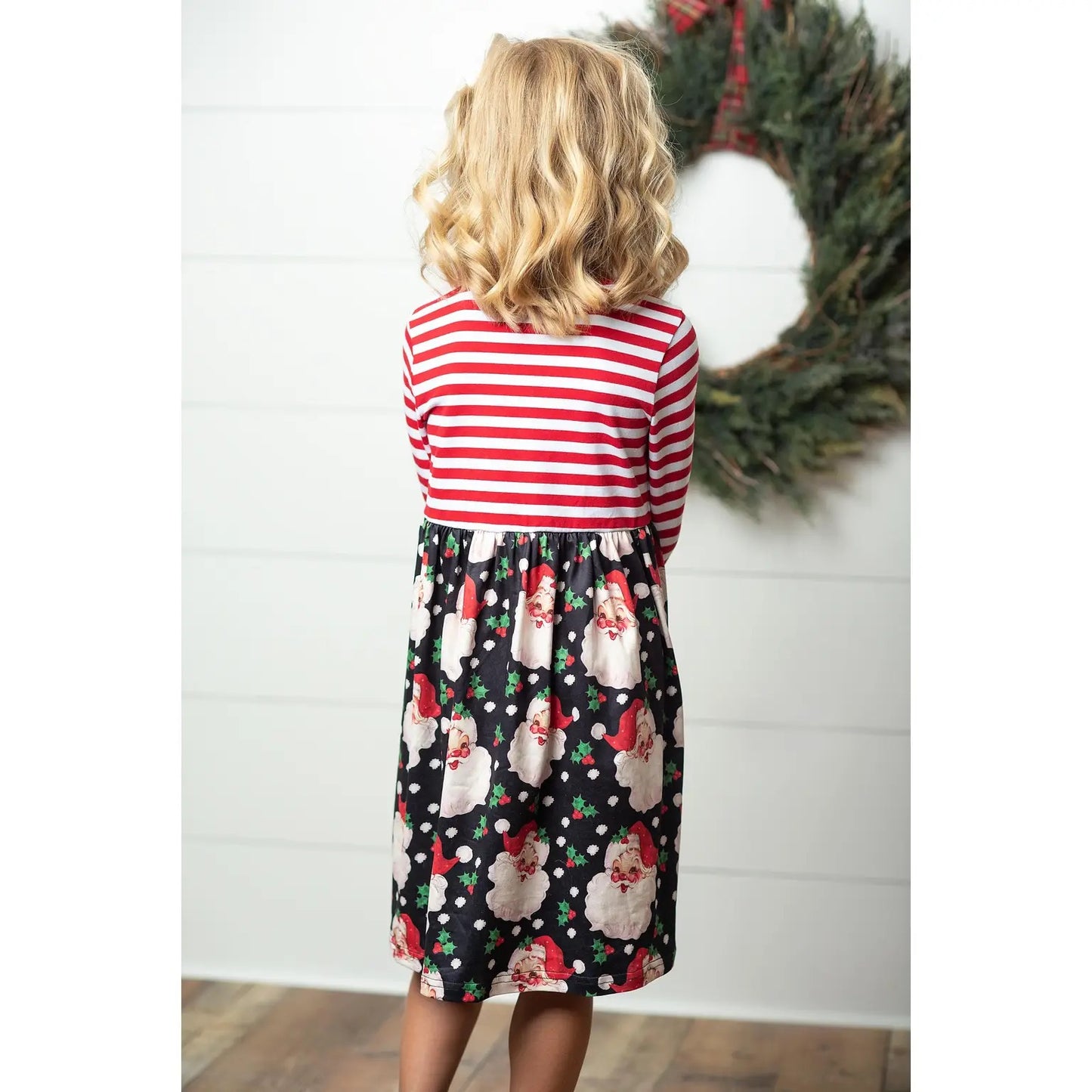 Kids Santa Candy Cane Stripe Holiday Ruffle Dress
