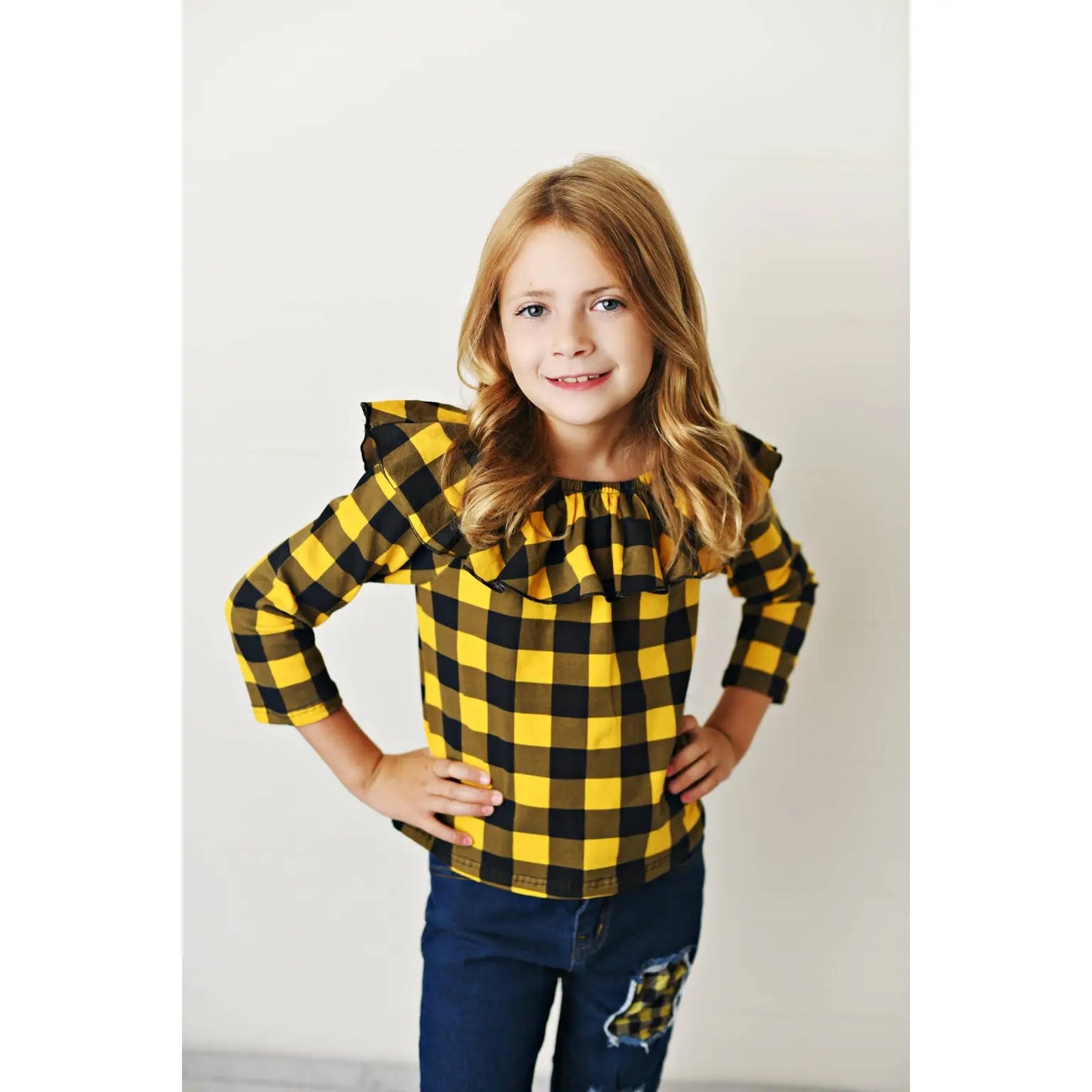 Girls Mustard Check Denim Set