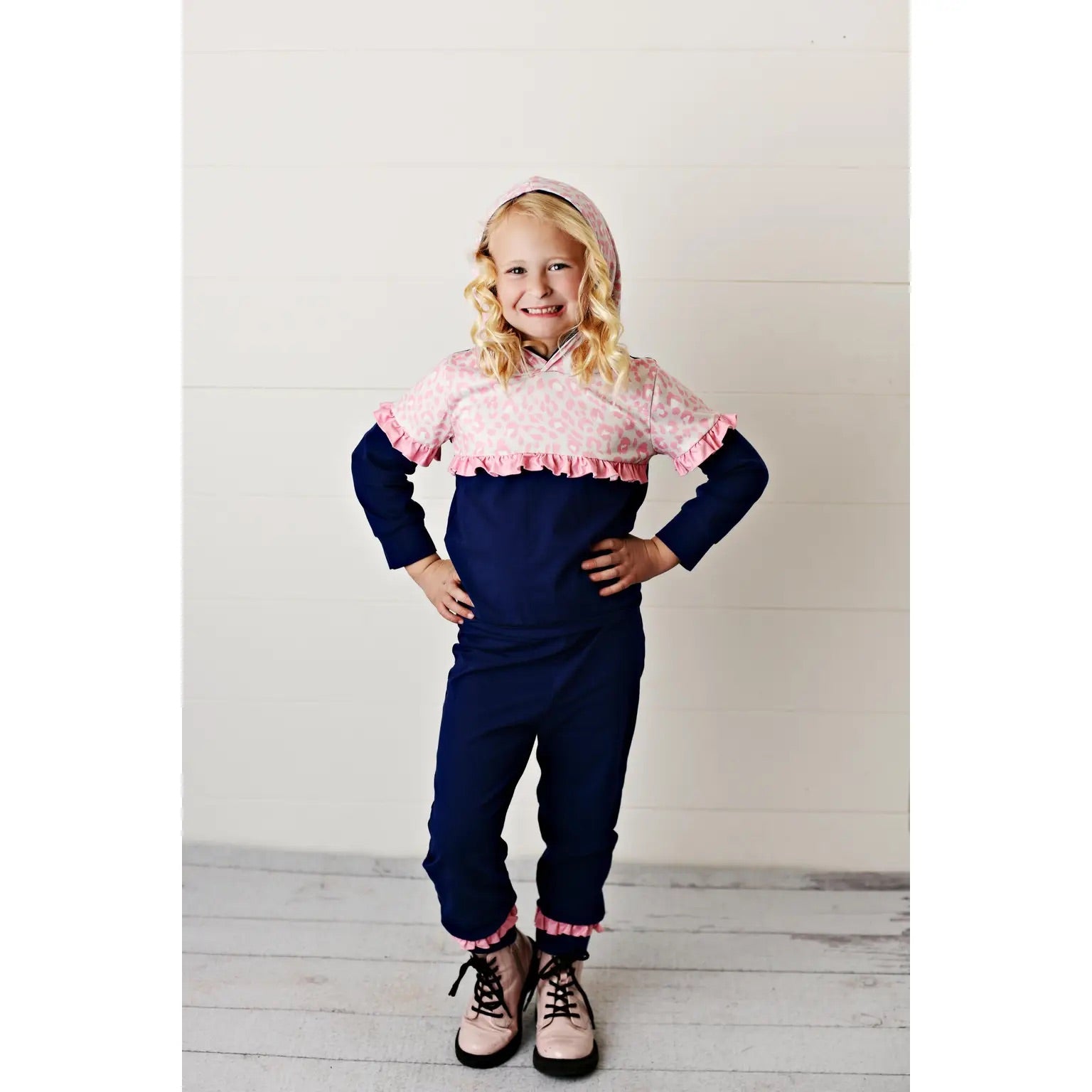 Kids Navy & Pink Leopard Hoodie Sweat Pant Loungewear Set