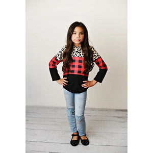 Kids Red Check Leopard Fall Winter Hoodie Shirt