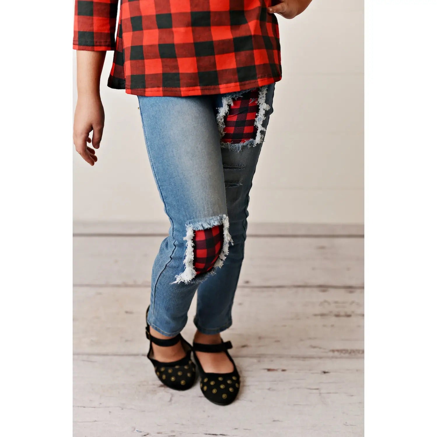 Kids Red Buffalo Check Top & Denim Pants 2 Piece Winter Set