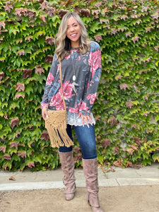 Ruffled in Floral Long Sleeve Pullover